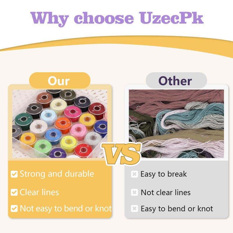 UzecPk 25pcs Assorted Colors Sewing Thread, Embroidery Bobbins, Prewound Bobbins Thread for Embroidery and Sewing Machines, 50 Yards Size A SA156 Spool of Thread Kit DIY and Home - Image 4